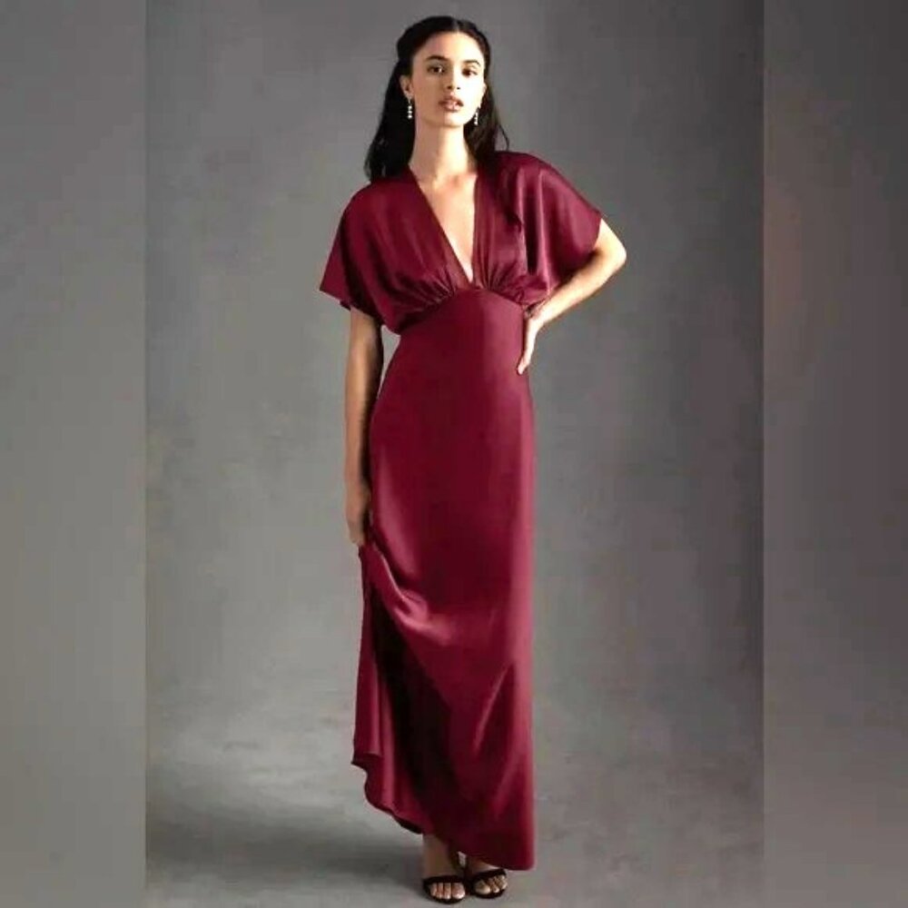 Anthropologie BHLDN Leila Deep-V Flutter-Sleeve Satin A-Line Gown Sz 16 NWT